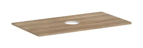 Konsole aus Holz mit mittigem Ausschnitt für einen Aufsatzwaschtisch, geeignet für die Nutzung mit Produkten von Hansgrohe.